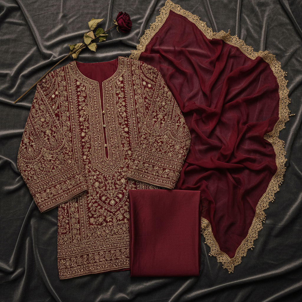 Gulnar Burgundy Gold Zari Formal Suit