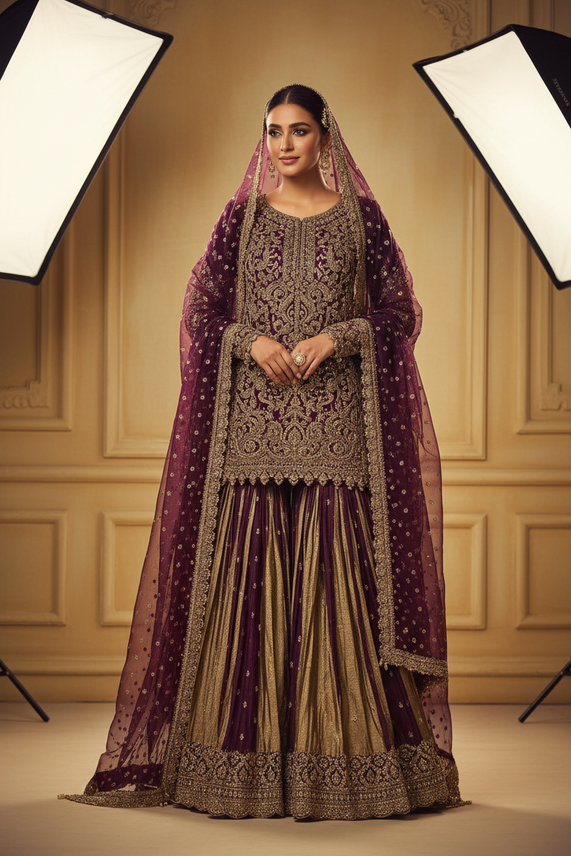Shama Deep Plum Zardozi Gharara Set