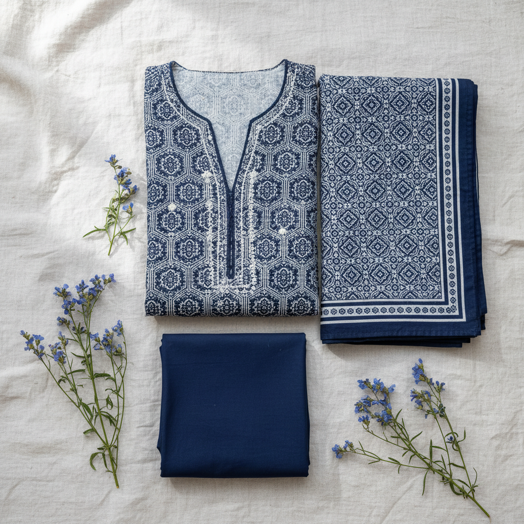 Noor Navy Block Print Lawn Suit