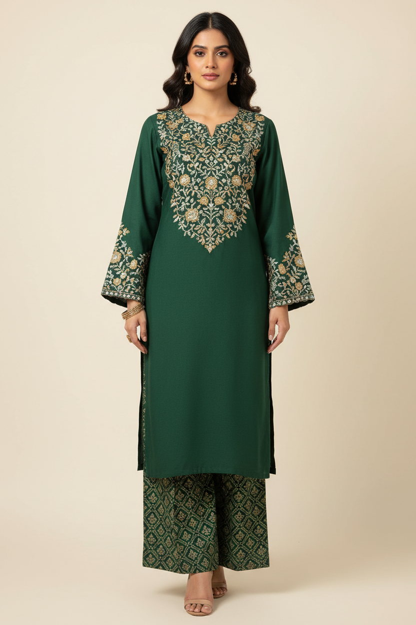 Nawal Forest Green Embroidered Kurta