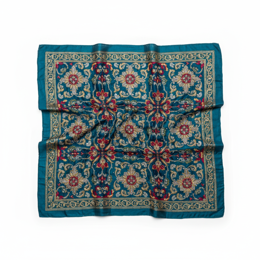Teal Embroidered Silk Scarf