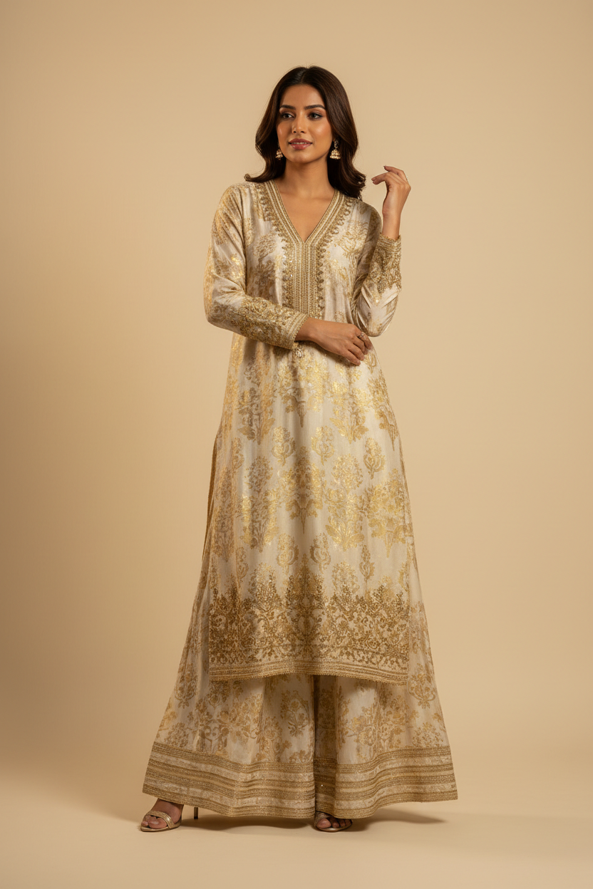 Ivory Gold Embroidered Co-Ord Set