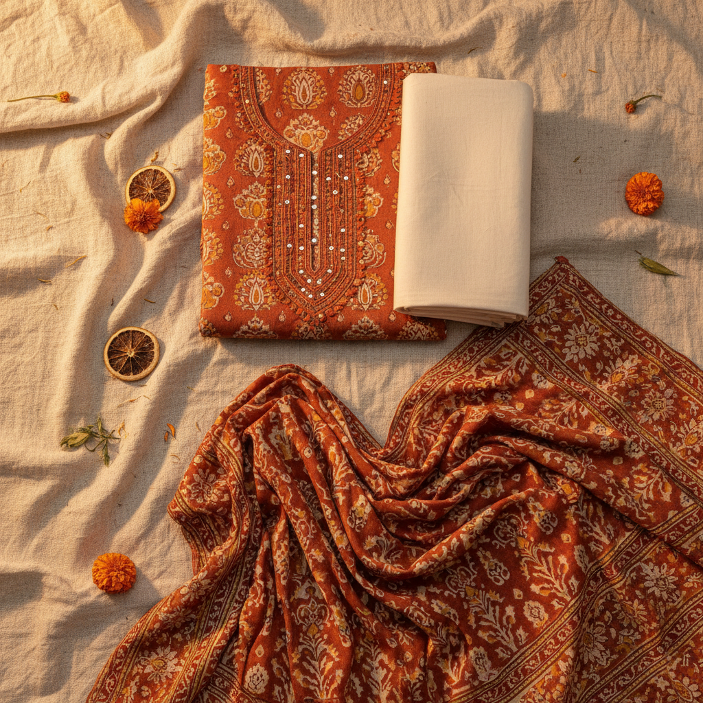 Saffron Terracotta Block Print Unstitched Suit