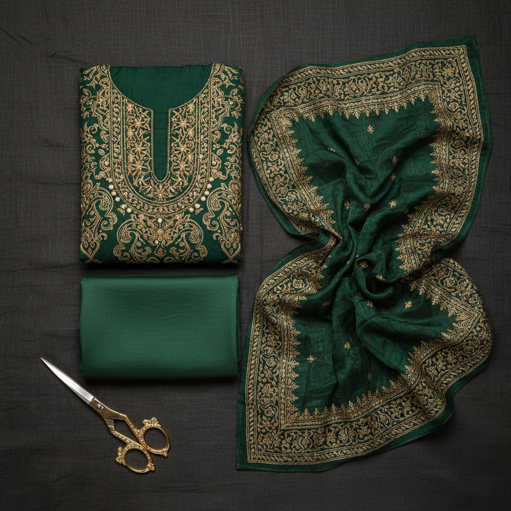 Juniper Forest Green Gold Printed Unstitched Suit