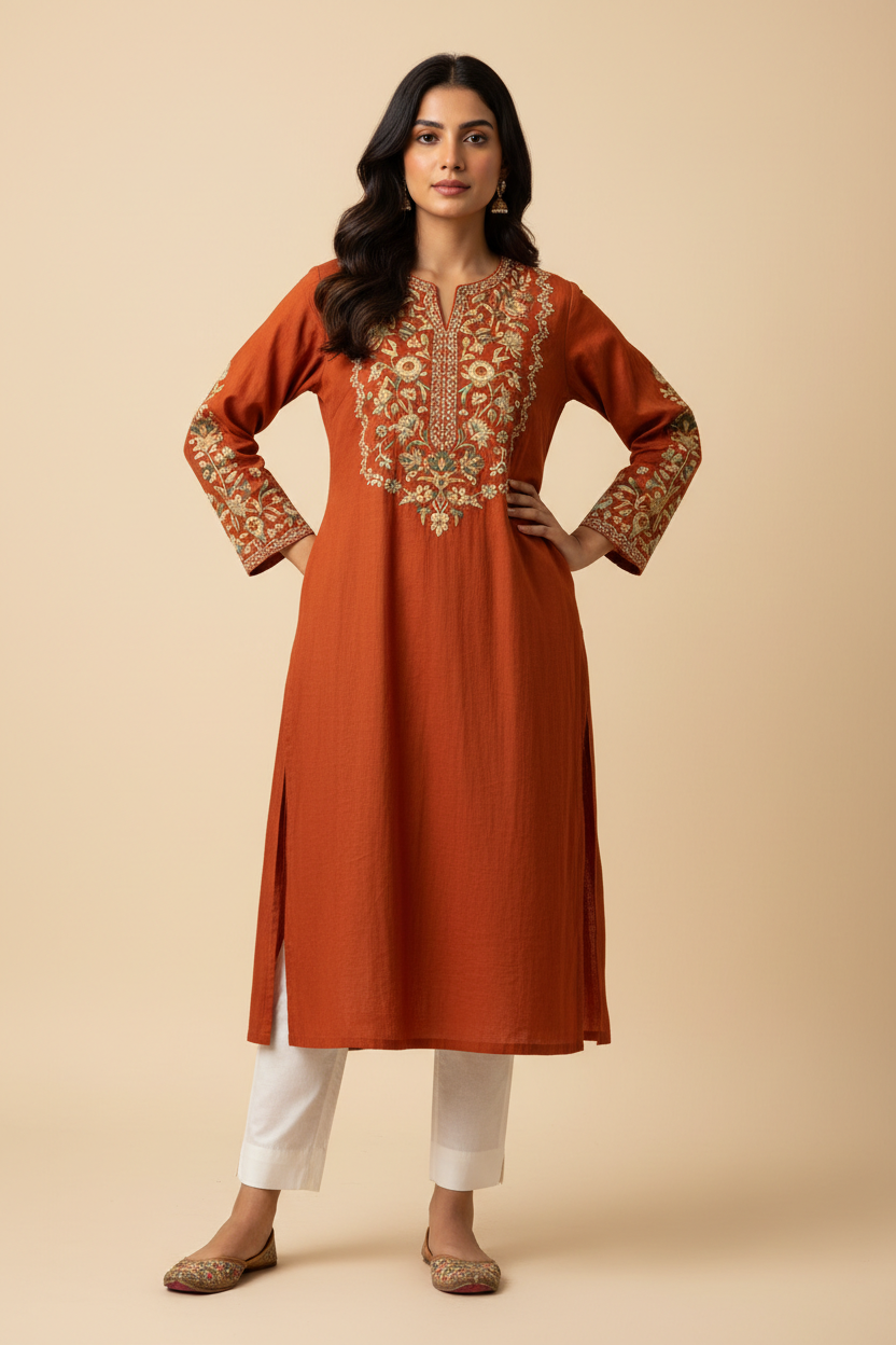 Ruba Terracotta Embroidered Long Kurti