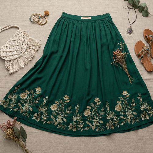 Emerald Embroidered Midi Skirt