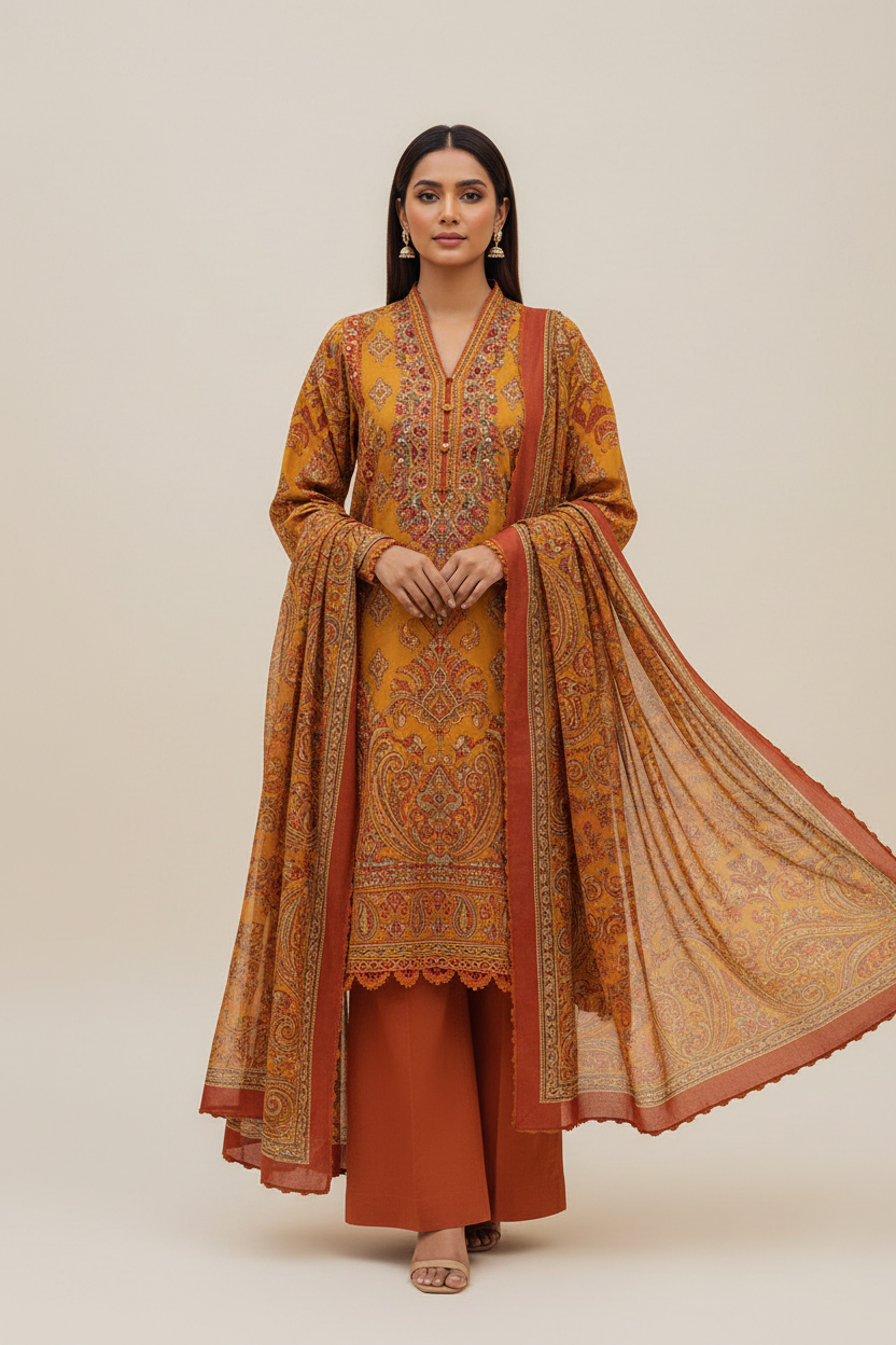 Amber Mustard Paisley Printed Lawn Suit