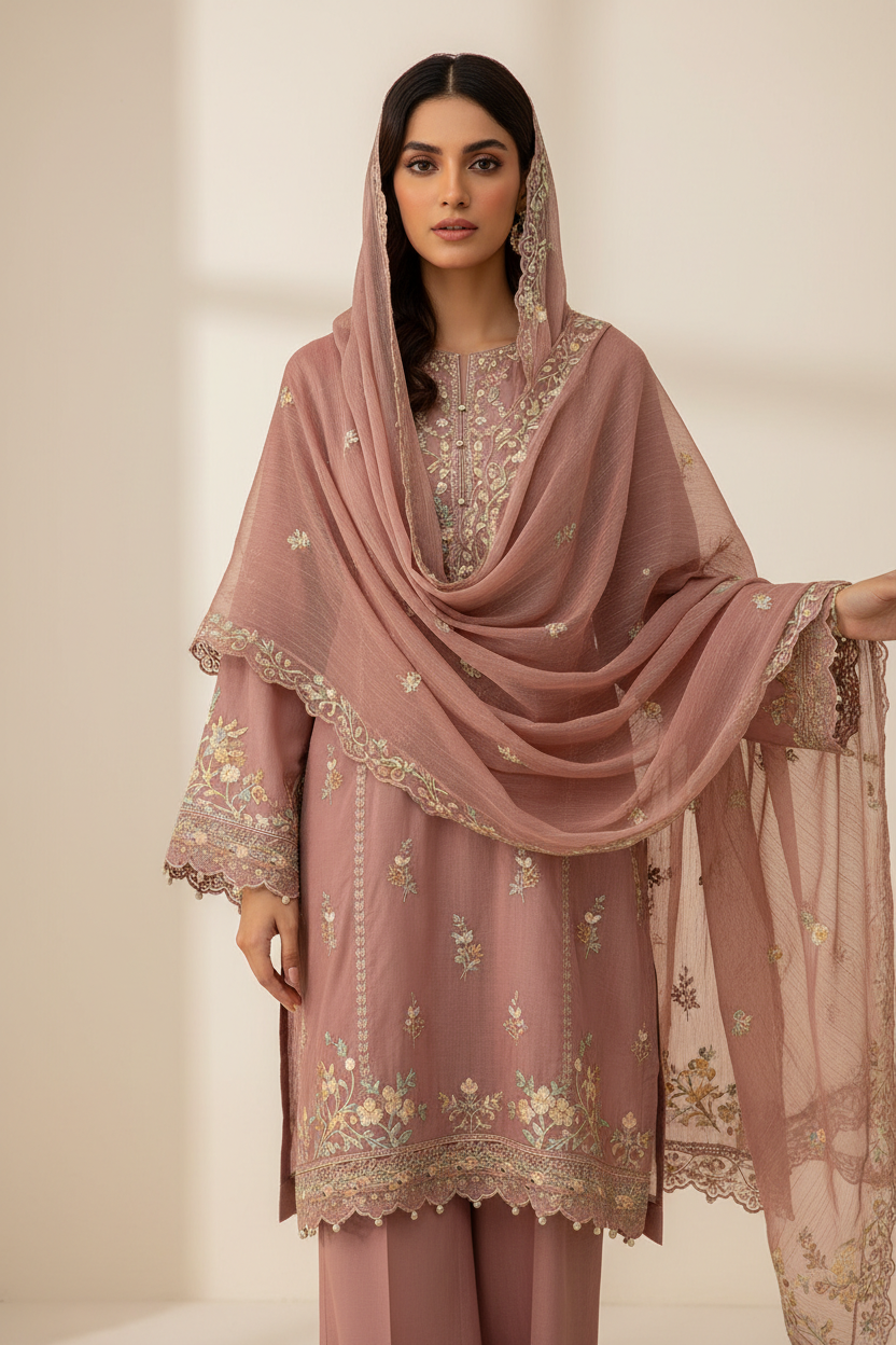 Rania Dusty Rose Embroidered Lawn Suit