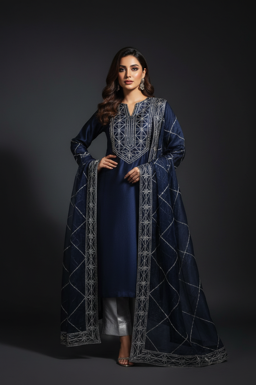 Zara Midnight Navy Geometric Embroidered Suit