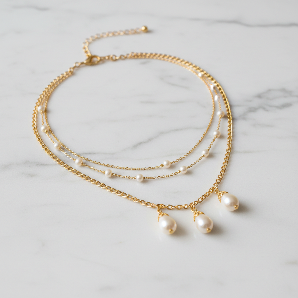 Gold Pearl Layered Necklace Set