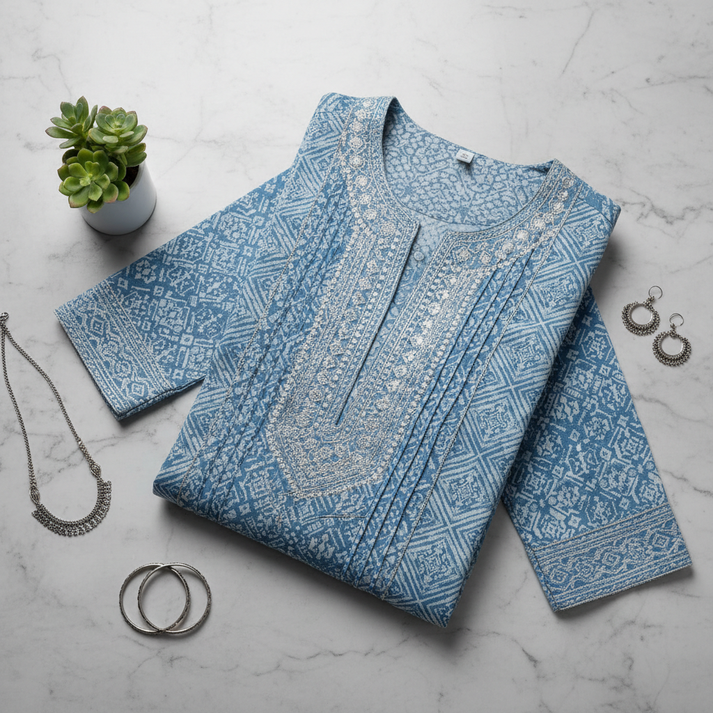 Aiza Powder Blue Geometric Kurti