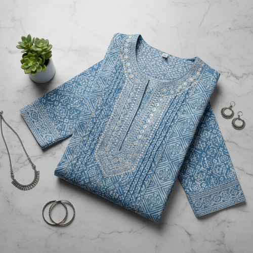 Aiza Powder Blue Geometric Kurti