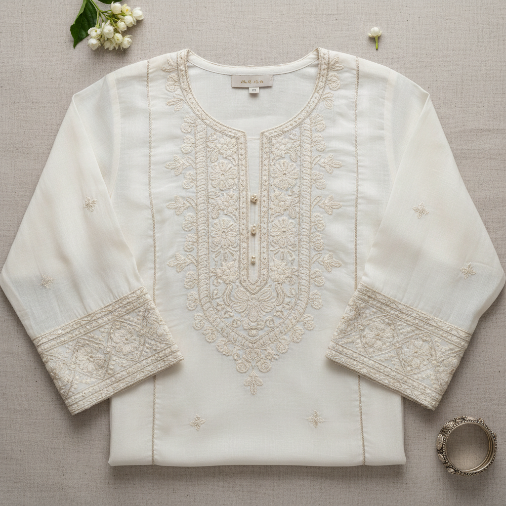 Off-White Embroidered Cotton Kurta