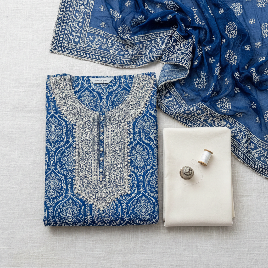 Azure Royal Blue Block Print Unstitched Suit