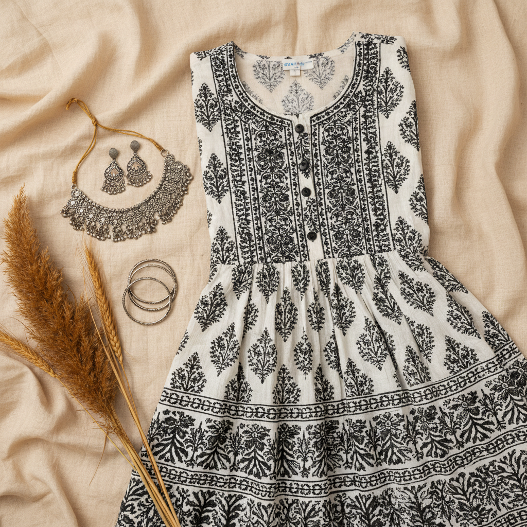 Zoya White Black Block Print Kurti