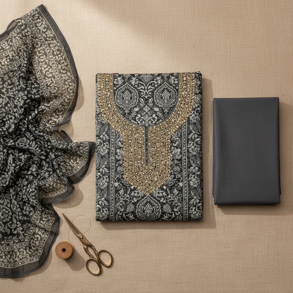 Warda Charcoal Ivory Printed Unstitched Suit
