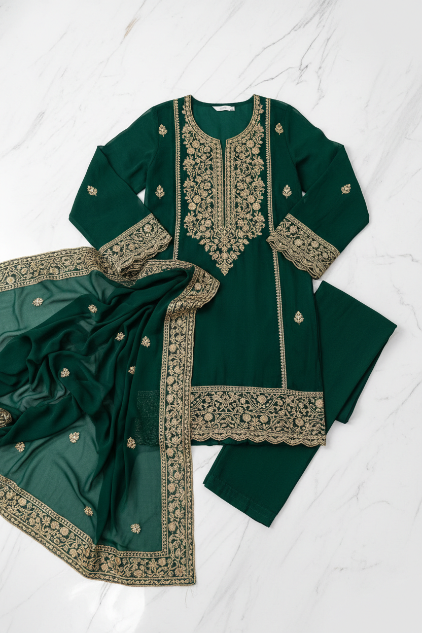 Zara-e-Noor Forest Green Embroidered Chiffon 3-Piece