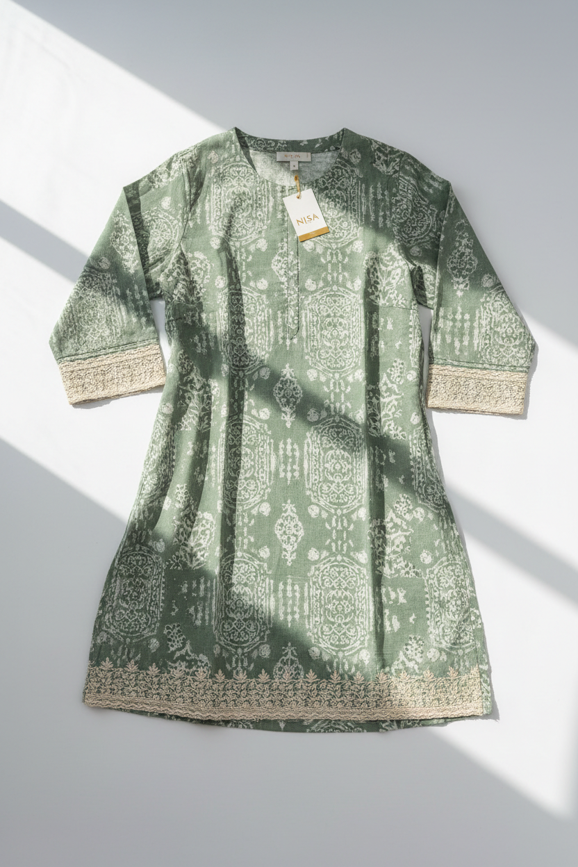 Bahar Sage Green Printed Cotton Kurti