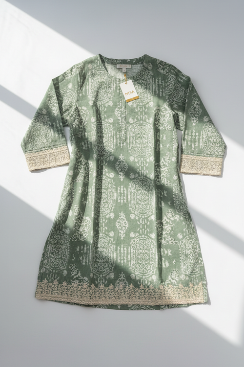 Bahar Sage Green Printed Cotton Kurti